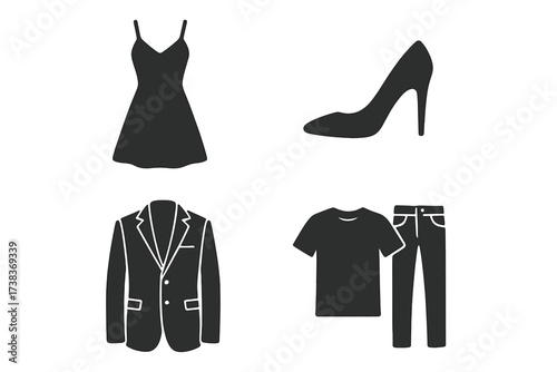 Fashion and garment black glyph icon set. Man and woman clothes collection. Dress, high heel shoe, suit jacket, t-shirt, jeans. Apparel symbol silhouette vector illustration.