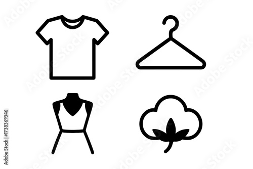 Fashion and garment icon set. Vector collection of isolated clothing symbols. T-shirt, hanger, mannequin and cotton flower. Apparel industry, retail and textile concept.