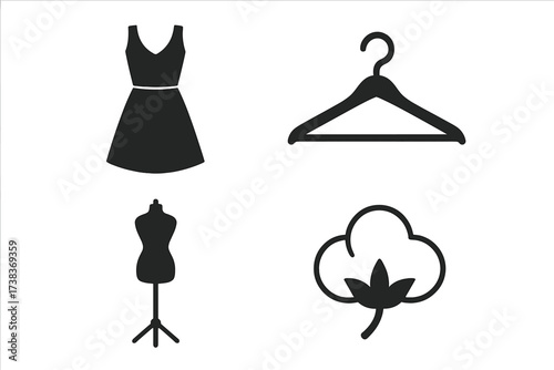 Fashion icon collection. Vector set of garment and clothing symbols. Isolated objects for sewing, tailoring, and dressmaking. Dress, hanger, mannequin, and cotton fabric.