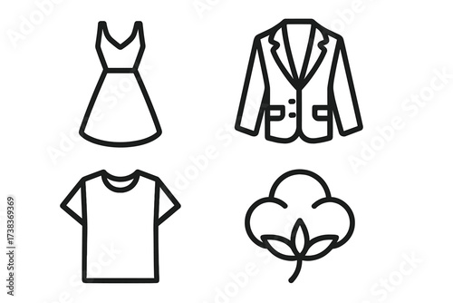 Clothing and fashion line icon set. Garment and apparel symbols collection. Vector icons of dress, blazer, t-shirt, and cotton plant for textile and fabric concepts. Isolated.