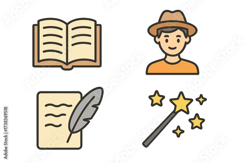 Storytelling and fantasy icon set with author, book, quill pen, and magic wand. Vector symbols for creative writing, literature, adventure stories, and imagination concepts.