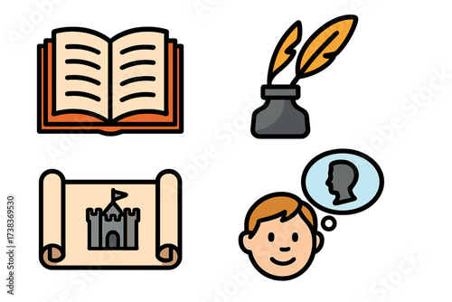 Set of storytelling and writing icons. Book, quill, inkwell, scroll with castle, and character creation concept. Metaphor for literature, fantasy, history, and imagination.