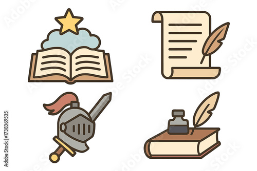 Storytelling vector icon set. Fantasy and history symbols. Medieval knight helmet, sword, magic book, manuscript scroll, quill pen. Fairy tale and literature concept illustration.