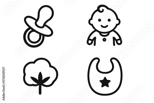 Baby care outline icon set. Collection of simple vector symbols including pacifier, infant, natural cotton, and bib. Isolated graphic elements for newborn and childcare design.