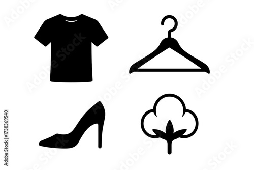 Fashion and garment icon set. Vector collection of isolated clothing symbols. T-shirt, hanger, high heel shoe, and cotton plant silhouette. Apparel, textile, and style concept.