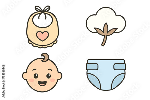 Baby care icon set. Vector collection of newborn essentials. Cute cartoon bib, diaper, happy infant face, cotton plant symbol. Childcare, parenting, baby shower graphics.