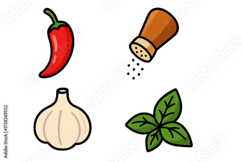 Spices and herbs icon set. Vector collection of chili pepper, salt shaker, garlic and basil leaf. Isolated cartoon food ingredients for cooking. Concept of taste and seasoning.