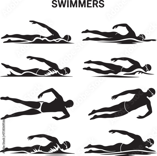 Diverse swimmers in black silhouette swimming water