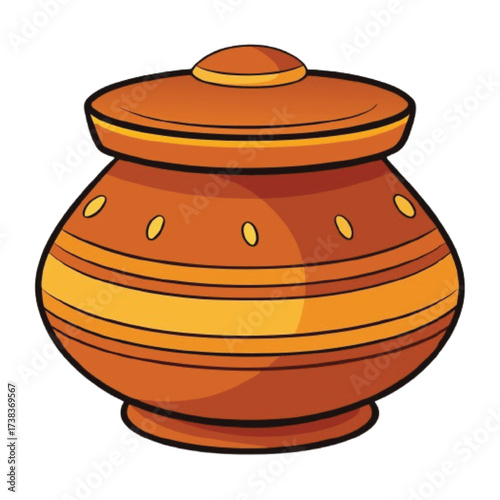A traditional clay pot with a lid, featuring decorative stripes and patterns, isolated on white background, perfect for cultural designs, representing heritage, cooking, or decorative arts