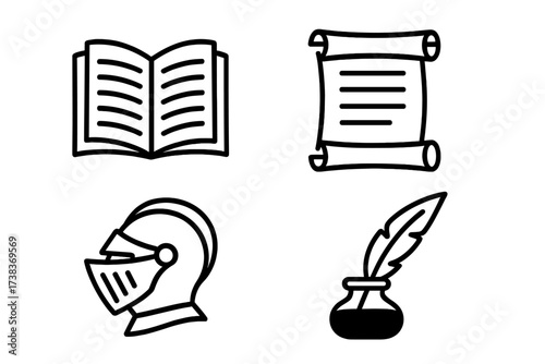 Storytelling and history icon set. Knight helmet, old book, manuscript scroll, feather quill pen and ink. Medieval fantasy and literature concept. Isolated vector line icons.