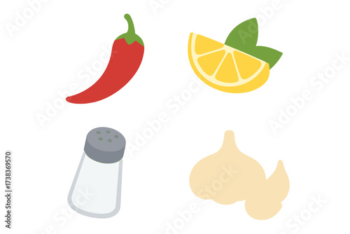 Cooking ingredients and spices icon set. Red hot chili pepper, sour lemon, salt shaker, and garlic bulb. Food seasoning vector collection for taste and flavor concepts.
