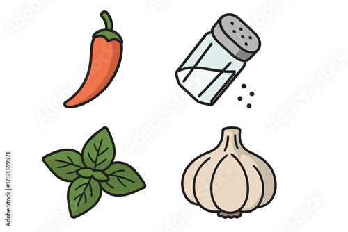 Spices and seasoning icon set. Vector food ingredients for cooking. Chili pepper, salt shaker, fresh basil herb, garlic bulb. Kitchen recipe, flavor, taste concept. Isolated.