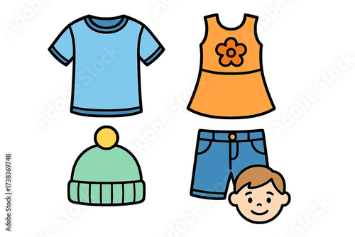 Set of children's clothing icons. Kids fashion and apparel collection. Vector illustration of boy's t-shirt, shorts, girl's dress, and winter hat. Isolated cartoon elements.