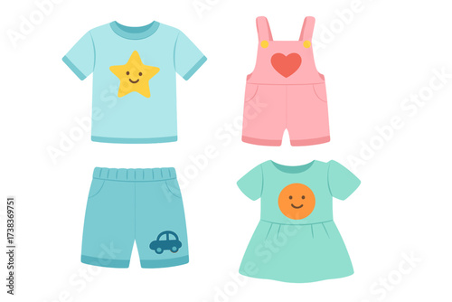 Children's clothing collection. Cute cartoon baby and kids clothes set. Isolated vector of fashion apparel: t-shirt, dress, shorts, romper. For newborn, toddler, boy, girl.