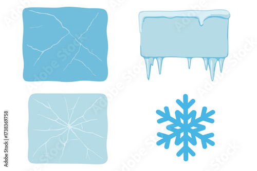 Frozen winter icons collection. Isolated vector set of cartoon ice cubes with cracked texture, dripping icicles, and a blue snowflake symbol. Cold season graphic elements.