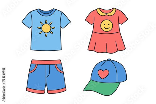 Children's clothes set isolated on white. Kids summer fashion collection. Vector icons of T-shirt, dress, shorts, cap. Cute cartoon apparel for boy and girl. Baby wear.
