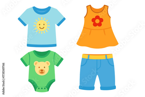 Set of cute cartoon children's clothes. Baby and toddler apparel collection. Isolated vector illustration of t-shirt, dress, bodysuit, and shorts. Colorful kids wear icons.