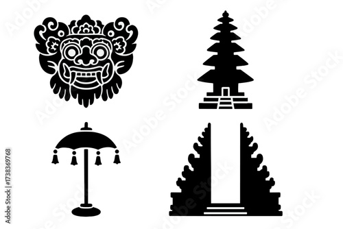 Vector silhouette icon set of Bali, Indonesia. Traditional Balinese cultural symbols. Barong mask, Pura temple, Candi Bentar gate, and ceremonial umbrella for travel and tourism.