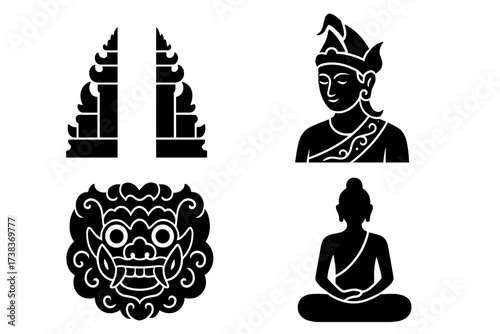 Traditional Balinese cultural icons set. Vector silhouette collection of Candi Bentar temple gate, Barong mask, Buddha meditation. Indonesian spiritual and travel symbols.