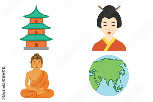 Vector icon set of Asian culture and geography symbols. Flat design illustration with pagoda, geisha, meditating Buddha, and globe showing Asia continent for travel and tourism.