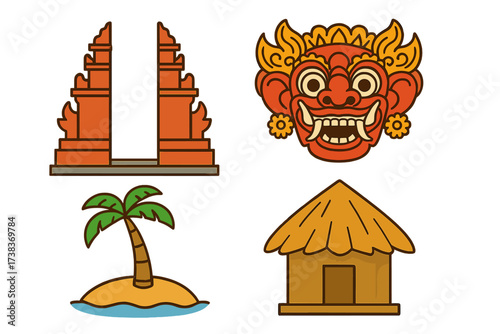 Bali travel icon set. Vector illustration of Indonesian culture symbols. Includes Candi Bentar temple gate, mythological Barong mask, tropical island palm tree, and tiki hut.