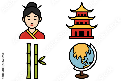 Asian culture and geography icon set. Vector illustration of geisha, pagoda, bamboo, and globe. China travel symbols. Oriental tradition and landmark signs for design.