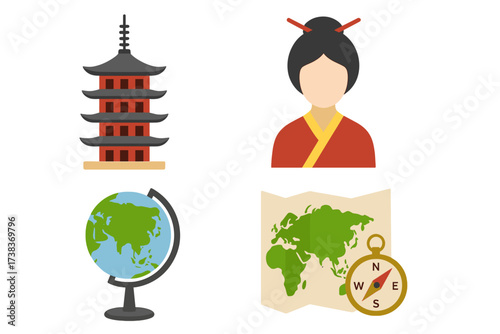 Set of Asian and geography vector icons. Flat design elements including pagoda, geisha, globe and world map with compass. Concept for travel, tourism, culture and discovery.