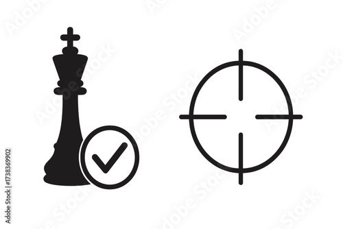 Checkmate strategy vector icon. Chess king with checkmark and target sign. Business goal, success, victory concept. Strategic planning, focus, and objective achievement symbol.