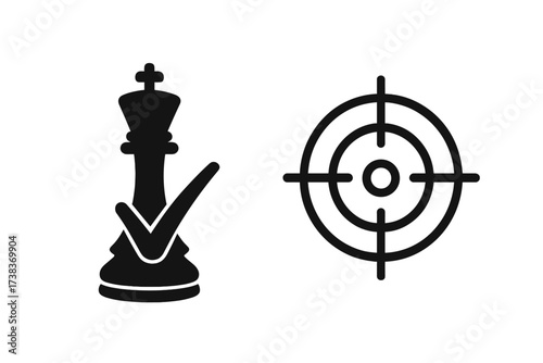 Checkmate concept with chess king and target icon. Business strategy, success, and goal achievement metaphor. Vector illustration for winning, focus, and objectives.