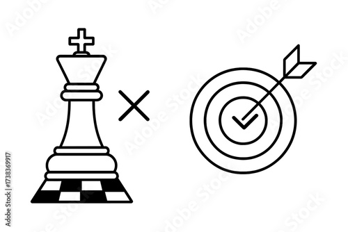 Strategic goal achievement and business success concept. Chess king and target with arrow and checkmark icon. Checkmate metaphor for winning, victory and mission accomplished.