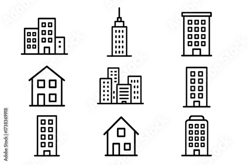 Vector city and building icon set. Urban architecture line icons. Real estate, property, construction symbols. Skyscraper, house, office, and apartment block pictogram collection.