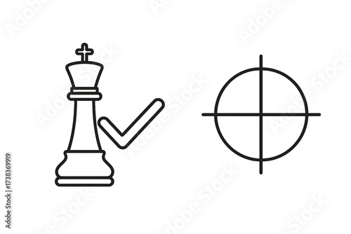 Checkmate and target icon. Business strategy concept. Goal achievement, success. Vector of a chess king with a checkmark. Thin line illustration for victory, competition, mission.