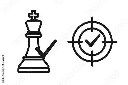 Chess checkmate and target goal achieved icon set. Business strategy metaphor for success, victory and mission complete. King piece, check mark, aim, accuracy concepts.