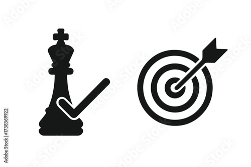 Strategy success concept. Checkmate, winning move. Target goal achievement. Arrow in bullseye. Vector icons. Business metaphor for victory, precision, focus. Chess king.