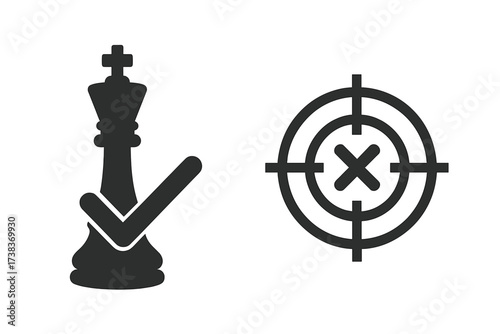 Business strategy concept vector icons. Checkmate with check mark for correct move and success. Target with x for failure or missed goal. Winning vs losing metaphor set.
