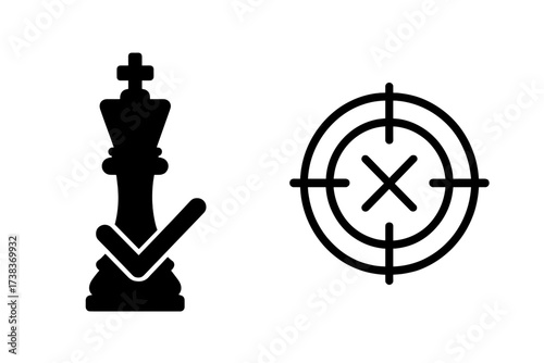 Vector icon set of checkmate and target. Chess king with check mark for success, win, and strategy. Missed goal and failure concept with crosshair and x mark. Business icons.