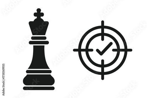 Business strategy concept with chess king and target checkmark icon. Strategic planning, goal achievement, success, and victory metaphor. Checkmate and mission accomplished.