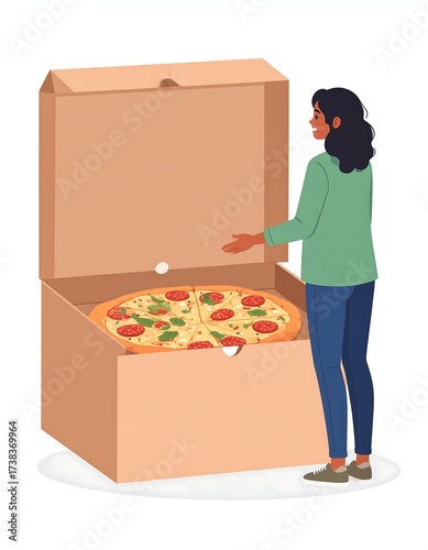 Woman looking at a large pizza in a cardboard box