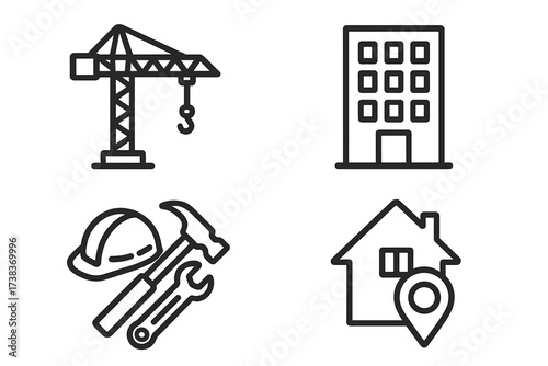 Construction and building icon set. Vector symbols for architecture, real estate, and engineering. Includes tower crane, office building, tools, and home location pin icons.