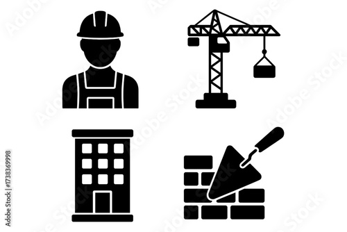 Construction icons set. Building industry symbols vector. Worker in helmet, engineer, architect. Tower crane for lifting. Apartment house, real estate. Bricklaying, masonry.