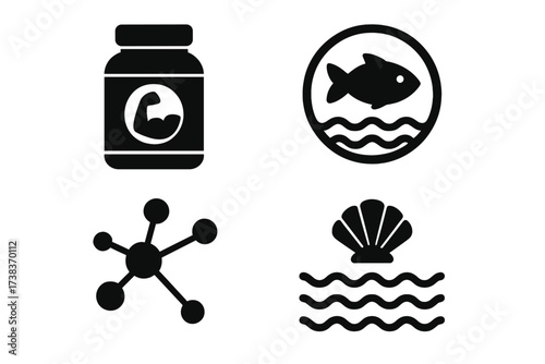 Protein and sea food icon set. Nutrition supplement symbol collection. Bodybuilding whey container. Fish and shell glyph. Molecule, amino acid structure. Healthy food vector.