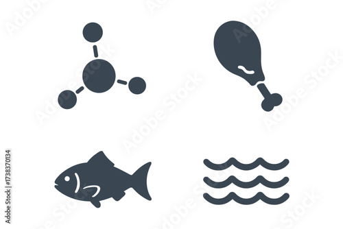 Protein and sea food icon set. Vector symbols of fish, chicken leg meat, and molecule structure. Nutrition, diet, healthy eating concept. Simple flat glyphs for web and mobile.