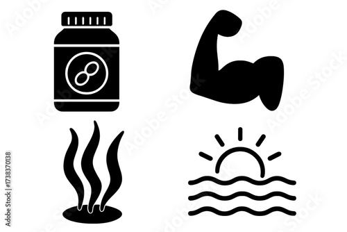 Protein supplement icon set for fitness and bodybuilding. Vector collection with muscle arm, amino acid pills, seaweed algae, and sea. Health, sport nutrition, superfood concept.