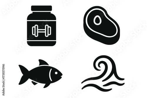 Protein sources vector icon set with glyphs for food and nutrition. Bodybuilding supplement, beef steak, fish, and sea wave symbols. For diet, fitness, health, and lifestyle.