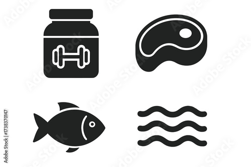 Protein source glyph icons set. Bodybuilding supplement, whey powder, beef steak, and fish. Food for fitness diet and muscle gain. Sea and water symbol. Vector collection.
