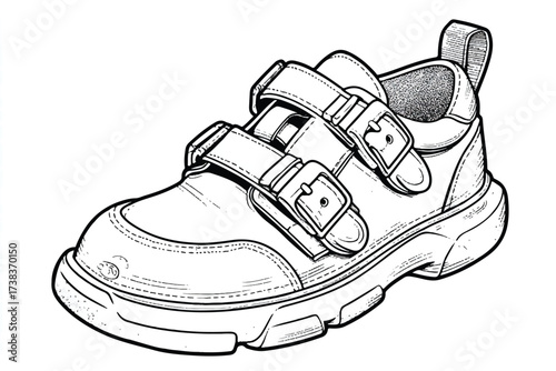Detailed line art illustration of a chunky strapped shoe offering versatile style and urban aesthetic