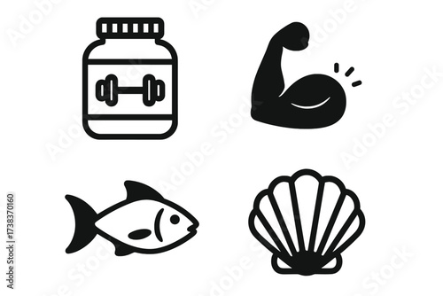 Protein sources vector icon set for fitness and bodybuilding. Whey supplement, bicep muscle, fish, seafood shell. Icons for gym, healthy nutrition, diet and athletic performance.