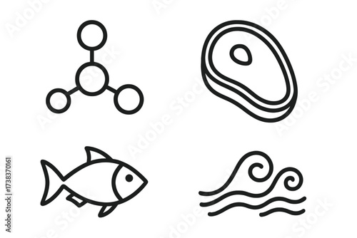 Food and nutrition vector line icon set. Protein molecule, beef steak, fish, and sea wave symbols. Concept for healthy diet, meat, seafood, groceries, and nourishment.