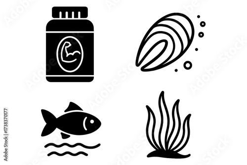 Protein and sea food icon set. Vector glyph collection of fitness supplements, fish, mussels, and seaweed. Nutrition concept for healthy lifestyle, bodybuilding, and diet logo.