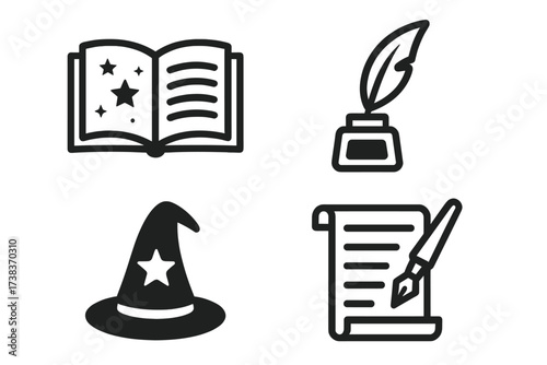 Magic and fantasy story icon set. Vector illustration of wizard items. Spellbook, sorcerer hat, feather quill pen and inkwell, papyrus scroll. Fairytale writing concept.